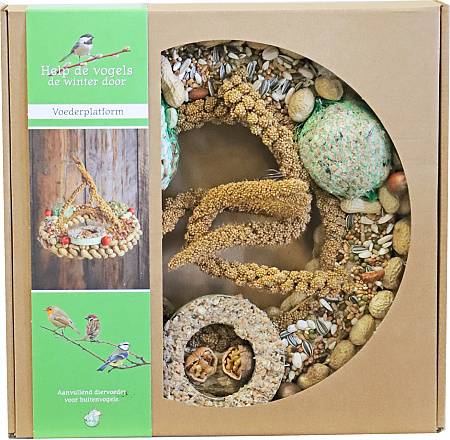 Voederplatform met pindanet, mezenbol en vetring