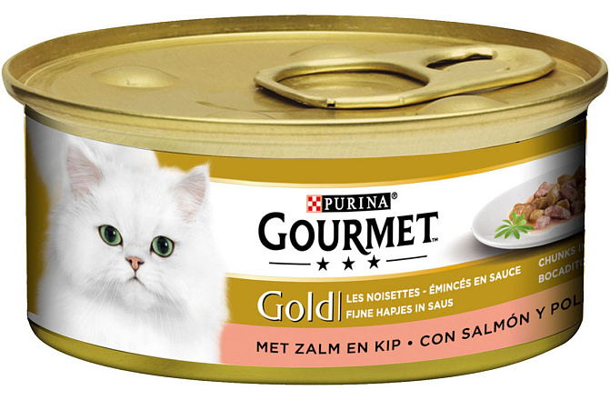 Gourmet kattenvoer Gold Fijne Hapjes zalm en kip 85 gr